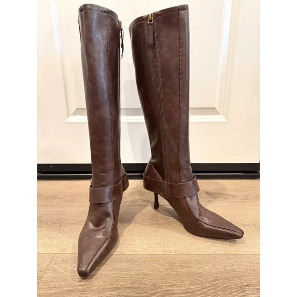 Zara Burgundy High-Heel Buckle Boots Pointed Toe Size US 9 EUR 40 Preowned - Picture 7 of 16